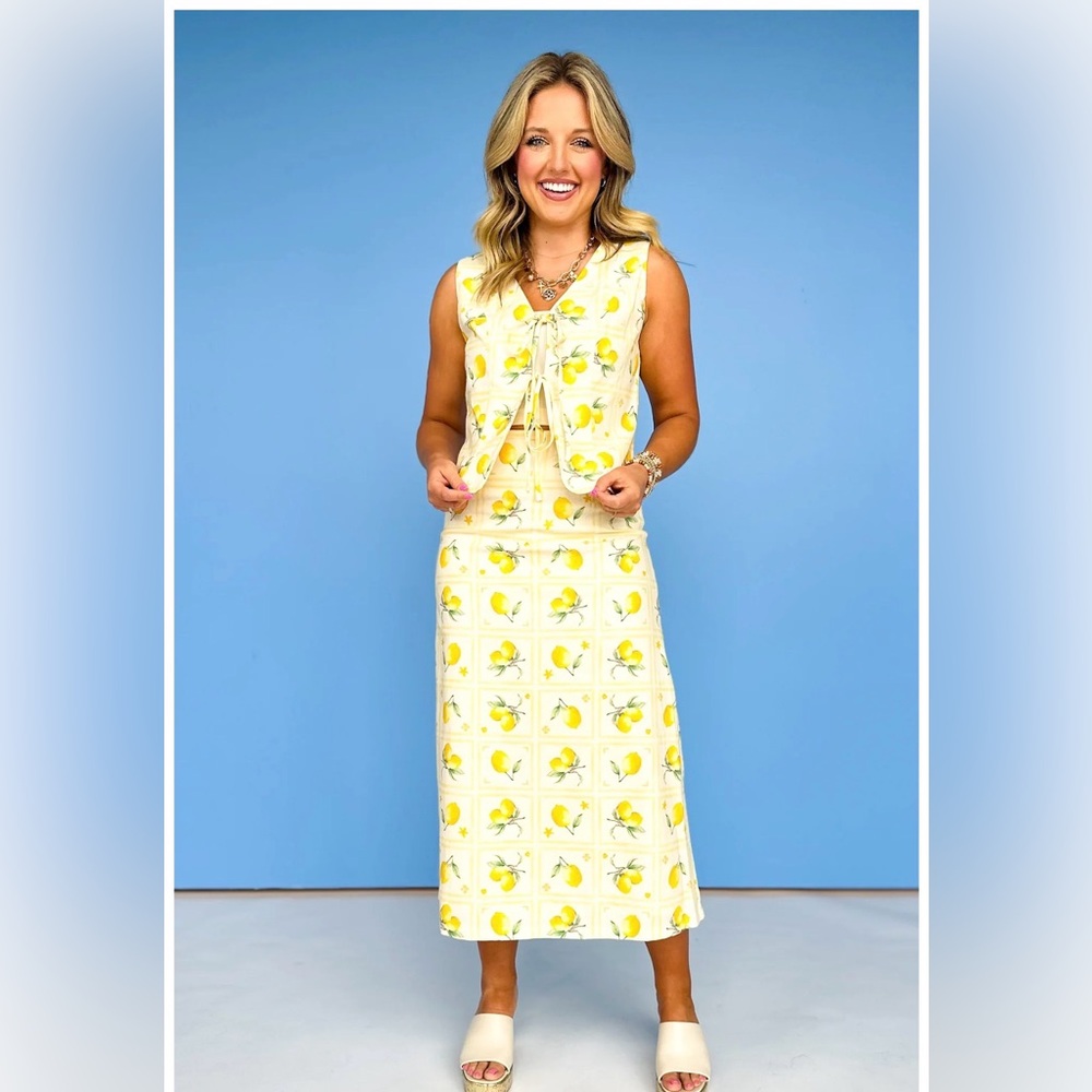 Able Lemon Zest Linen Tie Top and Midi Skirt Set size large new with tags